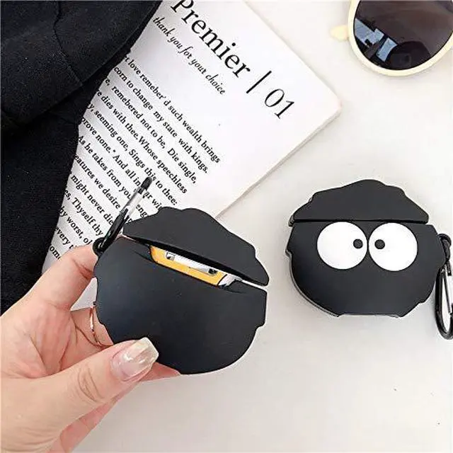 Alt view image 7 of 7 - Case Compatible with AirPods 1/2, Super Cute Creative Funny Big Eyes Black Dust Elf Shape Case, Stylish Dust Ball Silicone Earphone Protection Skin +Hook
