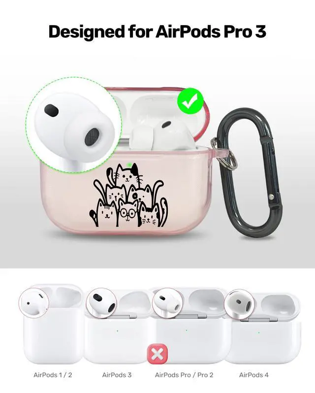 Alt view image 3 of 6 - for AirPods Pro 3 Case Cover with Art Skin, Cute TPU AirPods Case with Keychain Hook, Semi-Transparent Decorative Case for Women, Cute Cat, Clear Pink