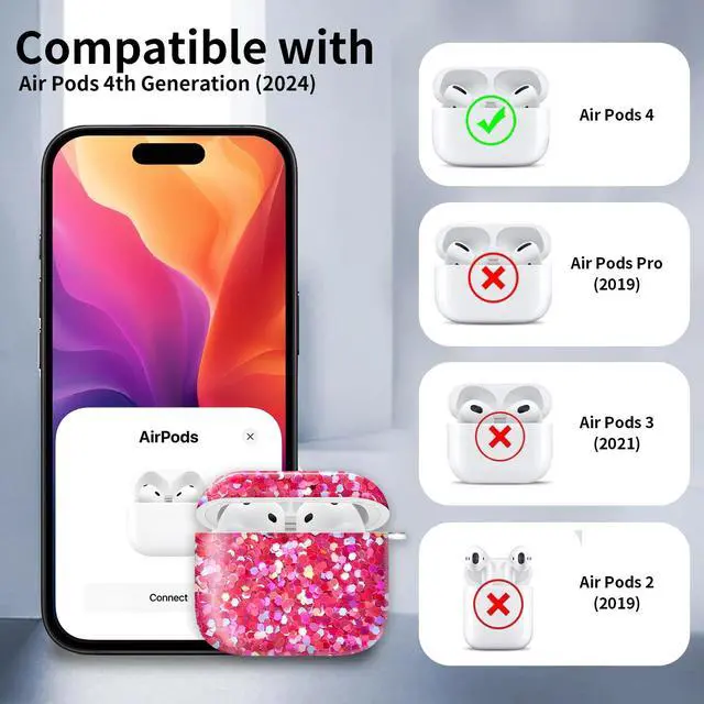 Alt view image 6 of 6 - Compatible with AirPod 4th Generation Case Cover with Keychain, Full Protective Shockproof Wireless Headphone Case for Women Men Girl (Pink)