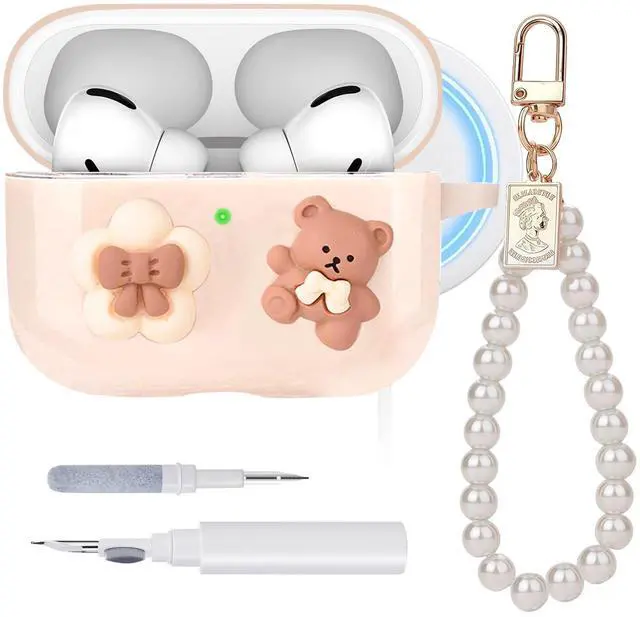Main image of Cute Case for Airpods Pro 3,with Wristlet Keychain & Cleaning Kit | MagSafe Compatible | TPU Material | Bow & Bear Design | Durable | Shockproof