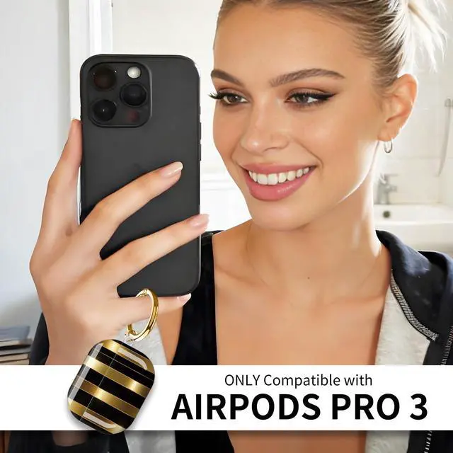 Alt view image 2 of 5 - Compatible with AirPods Pro 3rd Generation Case (2025), Soft Cute TPU Drop Protective Shockproof Cover AirPods Pro 3 Case Accessories with Gold Keychain for Women Men Gold Black Line