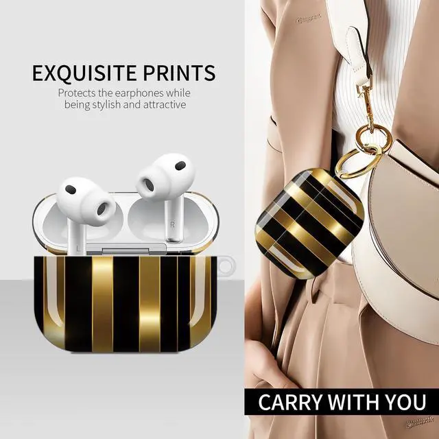Alt view image 3 of 5 - Compatible with AirPods Pro 3rd Generation Case (2025), Soft Cute TPU Drop Protective Shockproof Cover AirPods Pro 3 Case Accessories with Gold Keychain for Women Men Gold Black Line