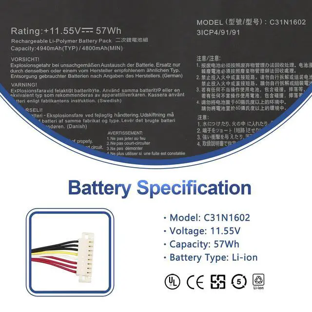 Alt view image 2 of 6 - C31N1602 57Wh Laptop Battery for Asus ZenBook U3000U UX330 Series | UX330U UX330UA UX330UA-1A UX330UA-1B UX330UA-FB018R UX330UA-1C UX330UA-FB161T Series C31N16O2 0B200-02090000 11.55V 4940mAh