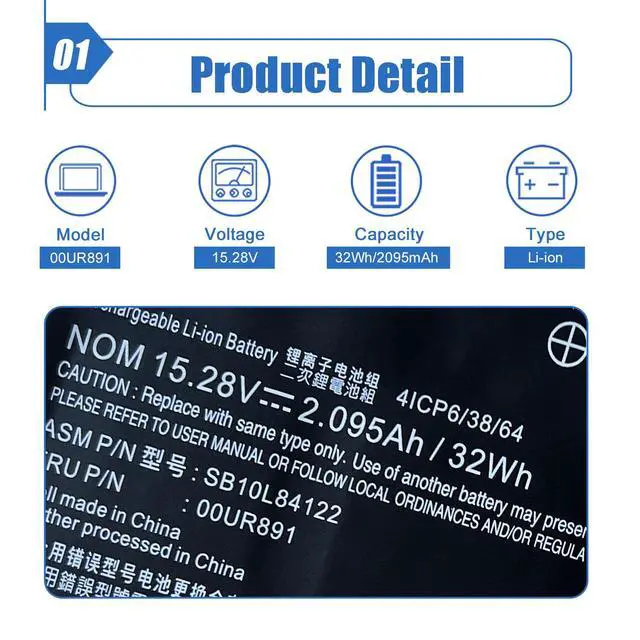 Alt view image 2 of 5 - 00UR891 01AV493 Laptop Battery Replace for Lenovo ThinkPad T570 T580 P51S P52S Series Notebook 00UR890 00UR892 SB10L84121 SB10L84122 SB10L84123 15.28v 32Wh