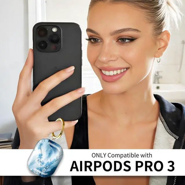 Alt view image 2 of 5 - Compatible with AirPods Pro 3rd Generation Case (2025), Soft Cute TPU Drop Protective Shockproof Cover AirPods Pro 3 Case Accessories with Gold Keychain for Women Men Cute Blue Flowers