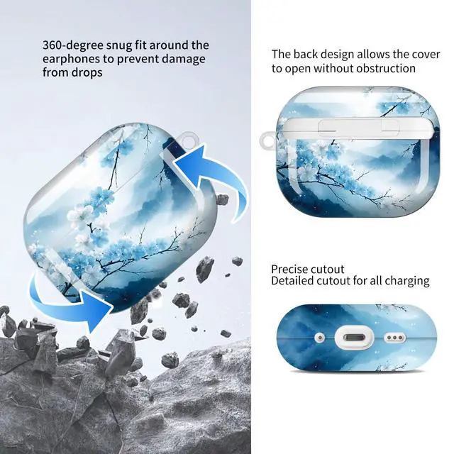 Alt view image 5 of 5 - Compatible with AirPods Pro 3rd Generation Case (2025), Soft Cute TPU Drop Protective Shockproof Cover AirPods Pro 3 Case Accessories with Gold Keychain for Women Men Cute Blue Flowers