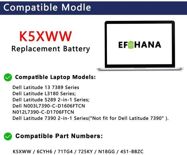 Alt view image 3 of 6 - K5XWW Battery Replacement for Dell Latitude 7389 Latitude 7390 Latitude 12 5000 5289 2-in-1 L3180 E5289 P29S001 P29S002 Series Laptop 451-BBZC 6CYH6 71TG4 725KY N18GG CFX97 7.6V 60Wh 4 Cell