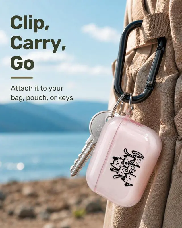 Alt view image 6 of 6 - for AirPods Pro 3 Case Cover with Art Skin, Cute TPU AirPods Case with Keychain Hook, Semi-Transparent Decorative Case for Women, Cute Cat, Clear Pink