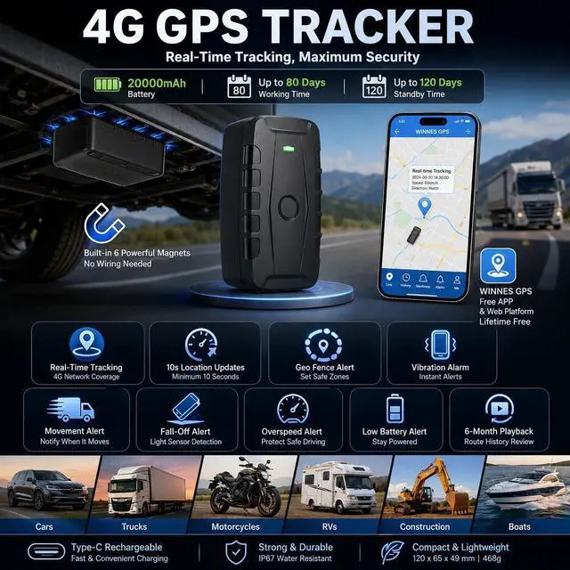 Alt view image 2 of 6 - Car GPS Tracker for Vehicles Long Battery Life 20000mAh Tracker Device Real-Time and Precise Location Tracking Device Magnetic Waterproof Multiple Alarm App iOS/Android TK918 4G