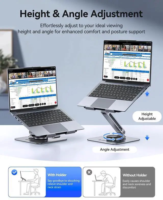 Alt view image 3 of 6 - Adjustable Laptop Stand with 360° Rotating Base, Foldable Aluminum Alloy Laptop Riser for Desk, Compatible with MacBook Neo Air Pro, Dell, HP (Up to 17") - ST10, Gray
