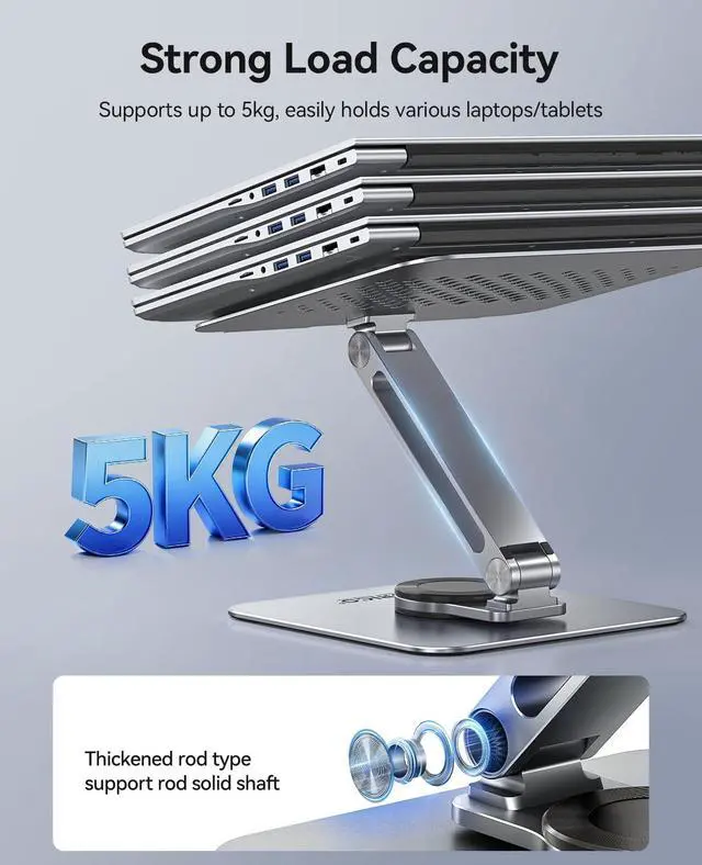Alt view image 6 of 6 - Adjustable Laptop Stand with 360° Rotating Base, Foldable Aluminum Alloy Laptop Riser for Desk, Compatible with MacBook Neo Air Pro, Dell, HP (Up to 17") - ST10, Gray