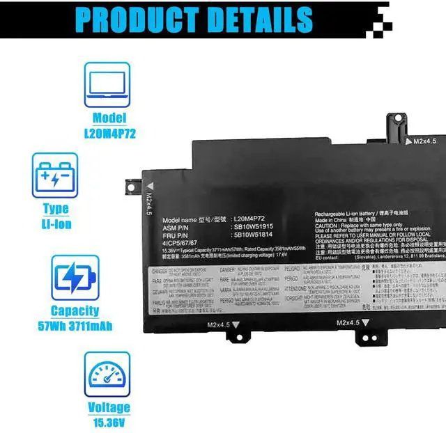 Alt view image 2 of 7 - 57Wh L20M4P72 SB10W51915 Replacement for Lenovo ThinkPad T14s Gen 2 20WM 20WN 20XF 20XG Series SB10W51915 5B10W51814 L20C4P72 SB10W51916 5B10W51815 L20L4P72 SB10W51914 L20D4P72 SB10W51917 15.36V