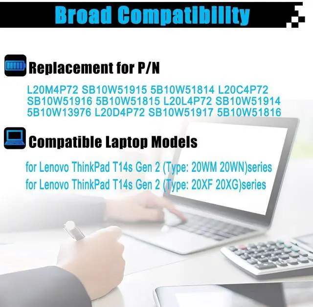 Alt view image 3 of 7 - 57Wh L20M4P72 SB10W51915 Replacement for Lenovo ThinkPad T14s Gen 2 20WM 20WN 20XF 20XG Series SB10W51915 5B10W51814 L20C4P72 SB10W51916 5B10W51815 L20L4P72 SB10W51914 L20D4P72 SB10W51917 15.36V