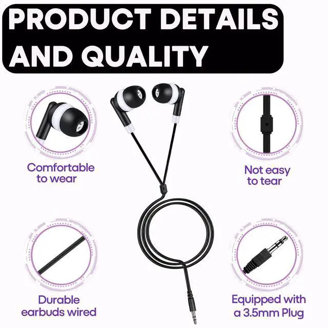 Alt view image 4 of 7 - 50 Pack Bulk Kids Earbuds for Classroom,Student Wired in Ear Headphones for School Librariy,3.5mm Jack,Wholesale Earphones for Chromebook Laptop PCBlack,YS101