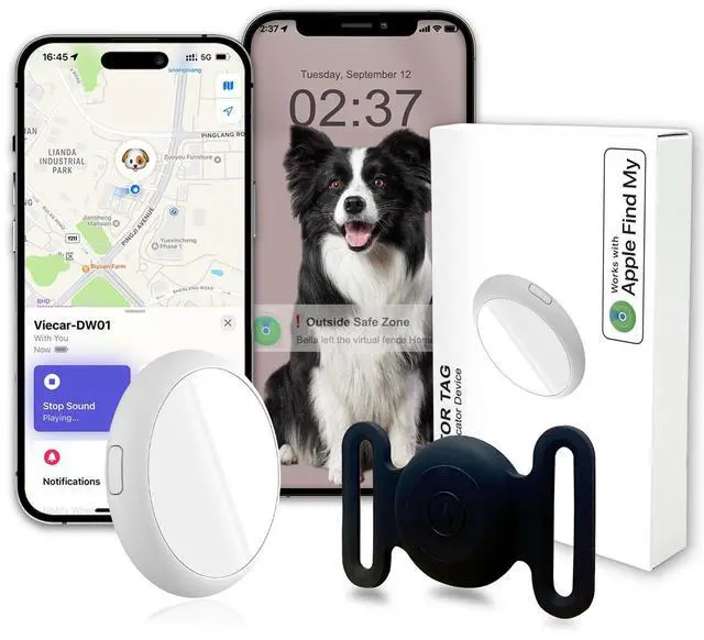 Main image of GPS Tracker for Dogs, Mini GPS Cat Tracker, IPX68 Waterproof GPS Tracker for Cats with Holder, No Monthly Fee, Work with Apple Find My(iOS Only), Smart Tracker for Dogs Finder Tracker Pets(Black-L)