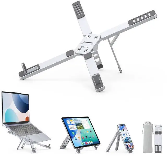 Main image of Portable Laptop Stand for Travel & Desk, Ultra-Compact Foldable Aluminum 3-in-1 Riser for Laptop, Tablet & Phone, 5 Adjustable Heights, Compatible with MacBook/HP/Dell/iPad/iPhone PN1 (Silver)