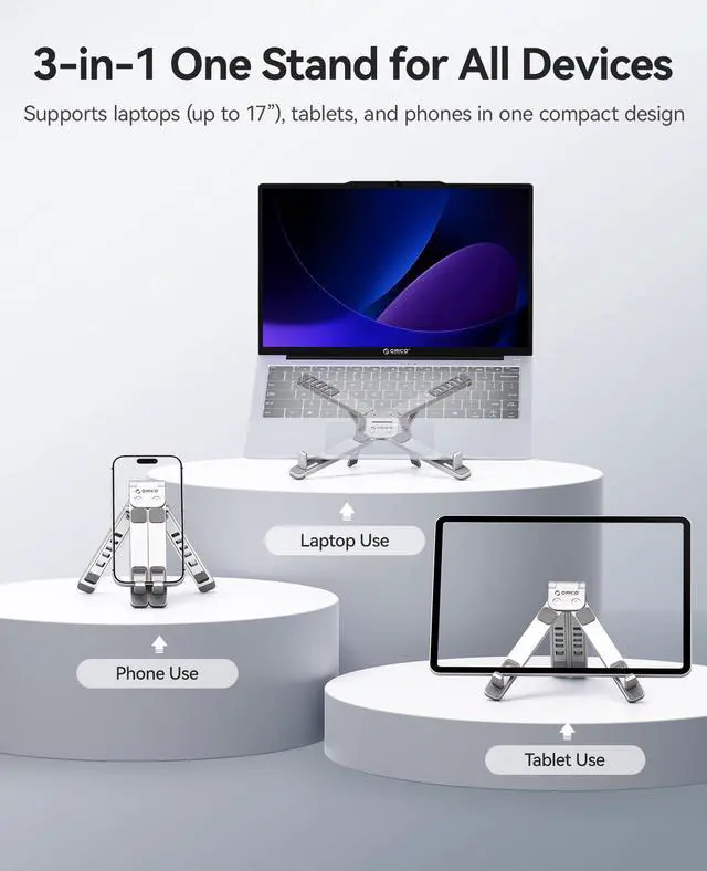 Alt view image 2 of 6 - Portable Laptop Stand for Travel & Desk, Ultra-Compact Foldable Aluminum 3-in-1 Riser for Laptop, Tablet & Phone, 5 Adjustable Heights, Compatible with MacBook/HP/Dell/iPad/iPhone PN1 (Silver)