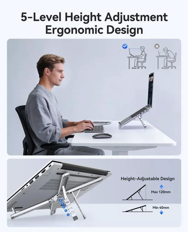 Alt view image 3 of 6 - Portable Laptop Stand for Travel & Desk, Ultra-Compact Foldable Aluminum 3-in-1 Riser for Laptop, Tablet & Phone, 5 Adjustable Heights, Compatible with MacBook/HP/Dell/iPad/iPhone PN1 (Silver)