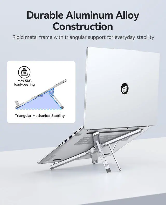 Alt view image 4 of 6 - Portable Laptop Stand for Travel & Desk, Ultra-Compact Foldable Aluminum 3-in-1 Riser for Laptop, Tablet & Phone, 5 Adjustable Heights, Compatible with MacBook/HP/Dell/iPad/iPhone PN1 (Silver)