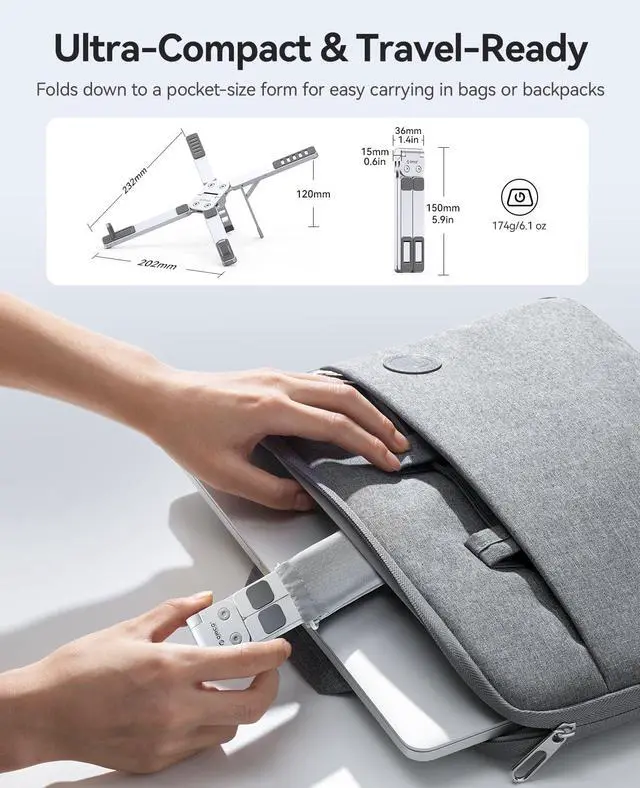 Alt view image 6 of 6 - Portable Laptop Stand for Travel & Desk, Ultra-Compact Foldable Aluminum 3-in-1 Riser for Laptop, Tablet & Phone, 5 Adjustable Heights, Compatible with MacBook/HP/Dell/iPad/iPhone PN1 (Silver)