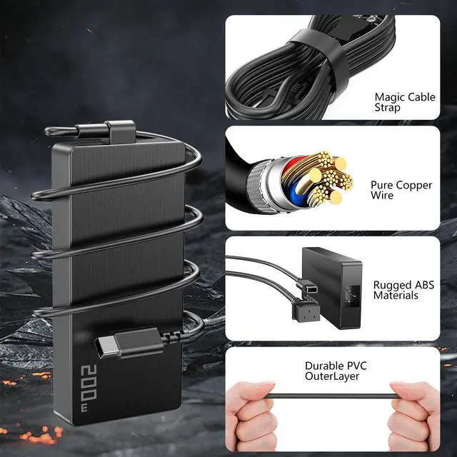 Alt view image 2 of 7 - 200W 20V 10A AC Adapter Laptop Charger Rectangle Tip Compatible with Asus ROG Zephyrus G14 GA403 GA605 2024 2025 TUF Gaming A14 Flow Z13 ProArt P16 GA403WR GA605WV FA401WV HN7306 H7606