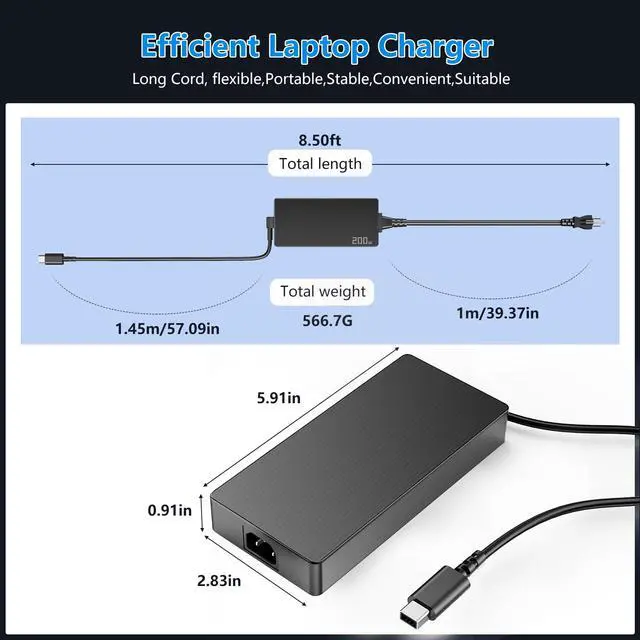 Alt view image 3 of 7 - 200W 20V 10A AC Adapter Laptop Charger Rectangle Tip Compatible with Asus ROG Zephyrus G14 GA403 GA605 2024 2025 TUF Gaming A14 Flow Z13 ProArt P16 GA403WR GA605WV FA401WV HN7306 H7606