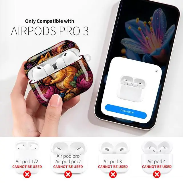 Alt view image 3 of 6 - Compatible with AirPod Pro 3rd Gen(2025) Case,Protective Case for AirPod Pro 3rd Gen, Shockproof with Carabiner, Wireless Charging Compatible for Women Men(Squirrel and Flowers)