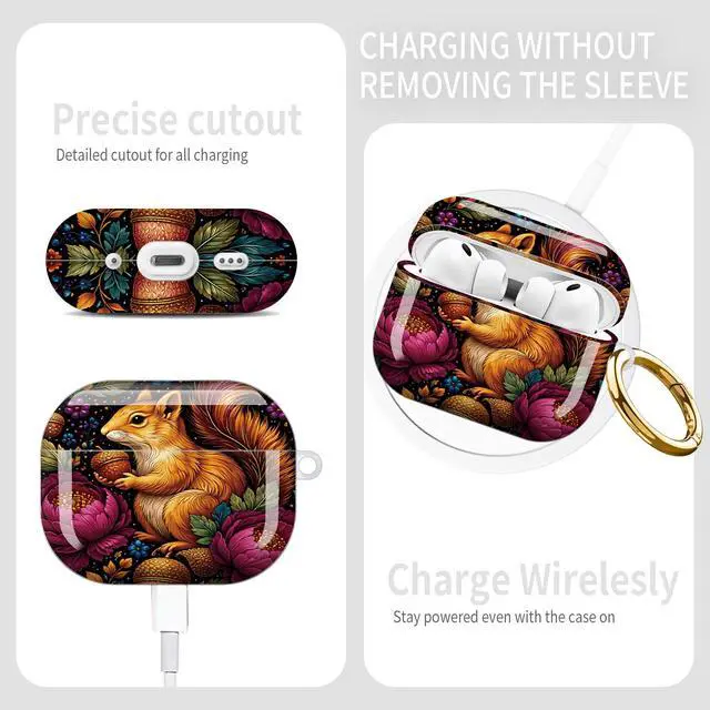 Alt view image 5 of 6 - Compatible with AirPod Pro 3rd Gen(2025) Case,Protective Case for AirPod Pro 3rd Gen, Shockproof with Carabiner, Wireless Charging Compatible for Women Men(Squirrel and Flowers)