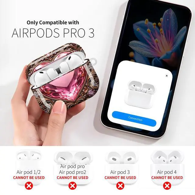 Alt view image 3 of 6 - Compatible with AirPod Pro 3rd Gen(2025) Case,Protective Case for AirPod Pro 3rd Gen, Shockproof with Carabiner, Wireless Charging Compatible for Women Men(Heart Gem Ornate)