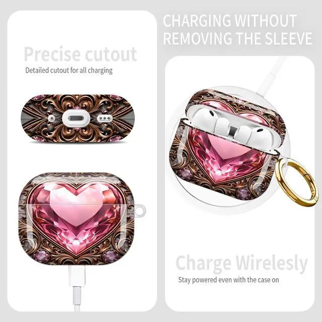 Alt view image 5 of 6 - Compatible with AirPod Pro 3rd Gen(2025) Case,Protective Case for AirPod Pro 3rd Gen, Shockproof with Carabiner, Wireless Charging Compatible for Women Men(Heart Gem Ornate)
