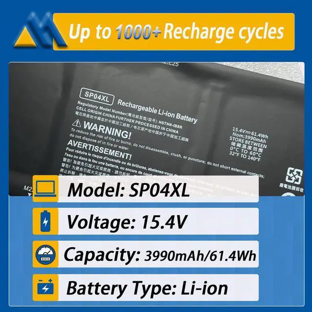 Alt view image 2 of 6 - 61.4Wh SP04XL L28764-005 Laptop Battery Replacement for HP Spectre X360 13T-AP000 13-AP0XXX 13-AP0013DX 13-AP0045NR 13-AP0053DX Series HSTNN-IB8R HSTNN-OB1B L28538-AC1 TPN-Q203 15.4V 3990mAh