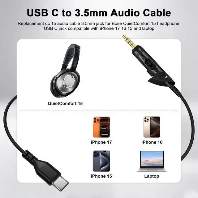 Alt view image 3 of 7 - USB C Replacement Audio Cable for Bose QuietComfort 15, QC 15, QC 2 Headphone for iPhone 17 16 15, Laptop, Headphone Extension Cable (6 FT, 1.8M)