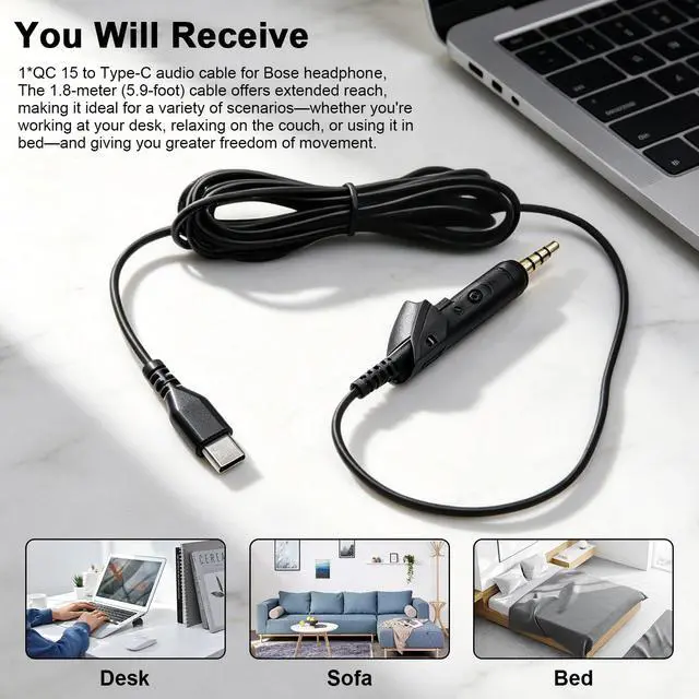 Alt view image 6 of 7 - USB C Replacement Audio Cable for Bose QuietComfort 15, QC 15, QC 2 Headphone for iPhone 17 16 15, Laptop, Headphone Extension Cable (6 FT, 1.8M)