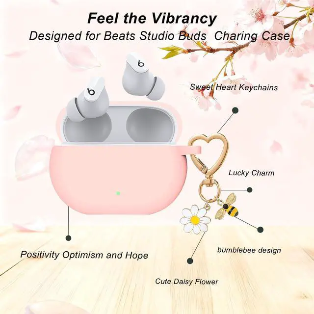 Alt view image 4 of 6 - for Beats Studio Buds Case/Studio Buds Plus Case Cover with Cute Bee Daisy Flower Charm Keychain,Soft Silicone Cover Protective Case for Beats Studio Buds+ Earbuds Charging Case Pink