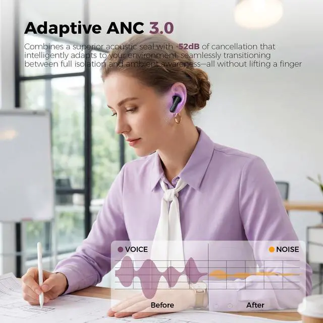 Alt view image 2 of 6 - Space T1 Wireless Earbuds, Adaptive Hybrid Active Noise Cancelling Bluetooth Earbuds, 6-Mic AI ENC, Head-Tracked Spatial Audio, 40.5H Playtime, Semi-in-Ear Fit, Bluetooth 6.0, IP54, Black