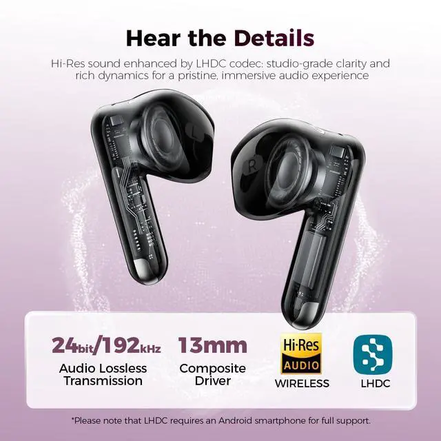 Alt view image 3 of 6 - Space T1 Wireless Earbuds, Adaptive Hybrid Active Noise Cancelling Bluetooth Earbuds, 6-Mic AI ENC, Head-Tracked Spatial Audio, 40.5H Playtime, Semi-in-Ear Fit, Bluetooth 6.0, IP54, Black