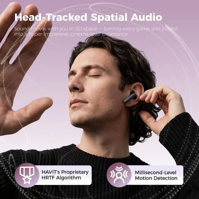Alt view image 4 of 6 - Space T1 Wireless Earbuds, Adaptive Hybrid Active Noise Cancelling Bluetooth Earbuds, 6-Mic AI ENC, Head-Tracked Spatial Audio, 40.5H Playtime, Semi-in-Ear Fit, Bluetooth 6.0, IP54, Black