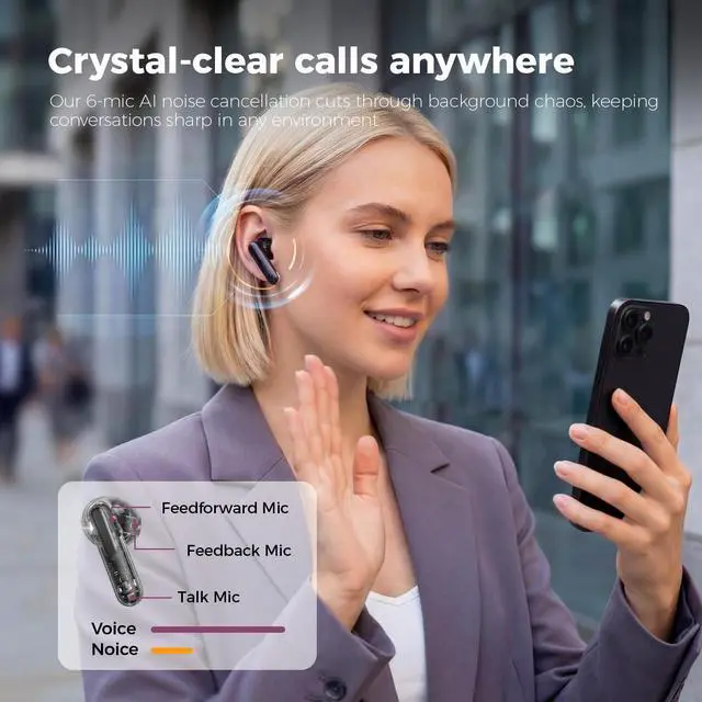 Alt view image 6 of 6 - Space T1 Wireless Earbuds, Adaptive Hybrid Active Noise Cancelling Bluetooth Earbuds, 6-Mic AI ENC, Head-Tracked Spatial Audio, 40.5H Playtime, Semi-in-Ear Fit, Bluetooth 6.0, IP54, Black