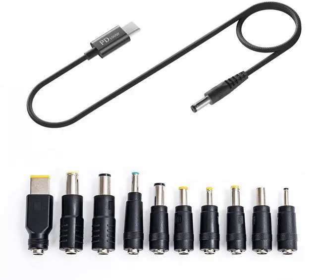 Main image of 100W USB-C DC Laptop Cable, PD 20V 5A, 10 DC Connector Tips | Full 10-Piece DC Plug Set, Overvoltage Overheat Protection, Works For Laptop, Monitor, Router, For Daily Portable Use