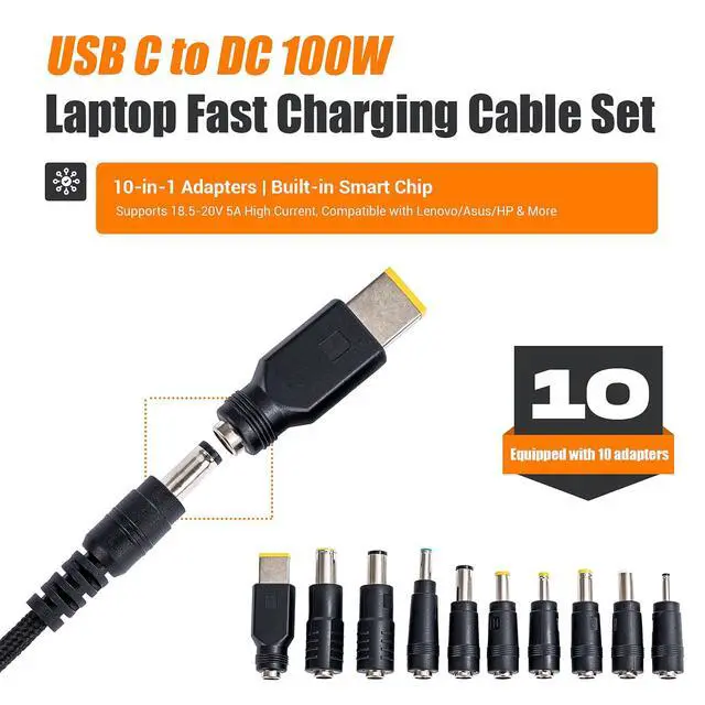 Alt view image 2 of 7 - 100W USB-C DC Laptop Cable, PD 20V 5A, 10 DC Connector Tips | Full 10-Piece DC Plug Set, Overvoltage Overheat Protection, Works For Laptop, Monitor, Router, For Daily Portable Use