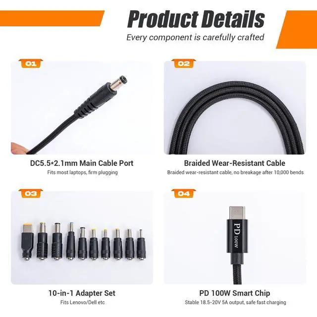 Alt view image 6 of 7 - 100W USB-C DC Laptop Cable, PD 20V 5A, 10 DC Connector Tips | Full 10-Piece DC Plug Set, Overvoltage Overheat Protection, Works For Laptop, Monitor, Router, For Daily Portable Use
