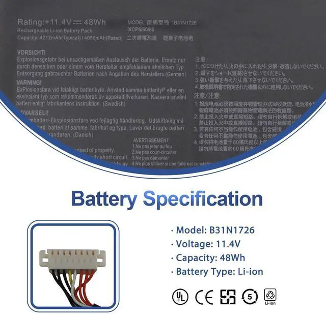 Alt view image 2 of 7 - 48Wh B31N1726 Long Line Laptop Battery Replacement for ASUS ROG Strix G531 | G531GT-BI7N6 G531GT ROG Strix G15 G512 G512LI Series 11.4V 4240mAh