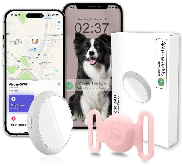Main image of GPS Tracker for Dogs, Mini GPS Cat Tracker, IPX8 Waterproof GPS Trackers for Cats with Holder, No Monthly Fee, Work with Apple Find My(iOS Only), Smart Trackers for Dogs-Pink
