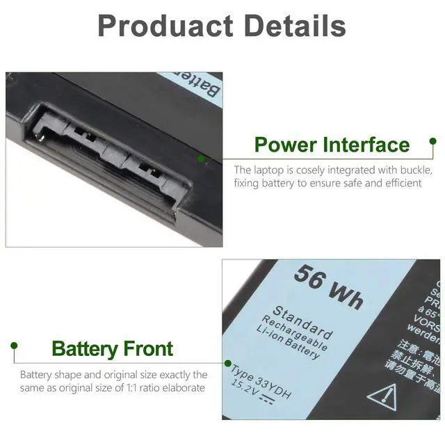 Alt view image 3 of 6 - 56WH 33YDH Laptop Battery for Dell Inspiron 17 7000 G3 G5 G7 | Compatible with 7778 7779 7786 7773 7577 3579 3779 5587 7588, Compatible with Latitude 13 3380 14 3490 15 3590 3580