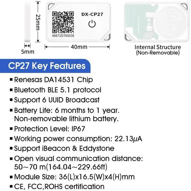 Alt view image 2 of 6 - DX-CP27 BLE 5.1 Beacon iBeacon Eddystone Asset Personnel Tracking Management Positioning mini tag IP67 Waterproof 70m Long Distance 1 Year Battery Life Custom Broadcast Data (CP27*3 PCS) (3)