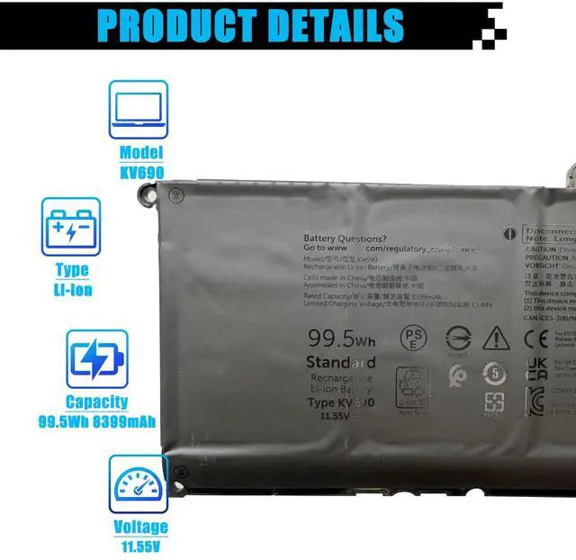 Alt view image 2 of 7 - KV690 Laptop Battery Replacement for Dell Precision 5680 Precision 5690 Series Notebook 06D2HW 0WPYCV 0N7KV9 N7KV9 6D2HW WPYCV 11.55V 99.5Wh 8399mAh 6-Cell