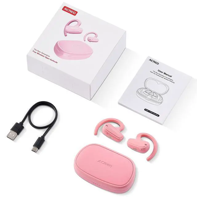 Alt view image 6 of 6 - The Next Generation Open Ear Headphones, OpenBuds, True Wireless Earbuds with Earhooks, Bluetooth Workout Headphones, 18 Hours Playtime with Case, IPX7 Waterproof, Pink