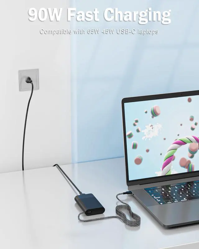 Alt view image 2 of 6 - 90W USB C Laptop Charger for HP Envy x360 ProBook ZBook | Replacement for HP 904144-850 904082-003 ADP-90FE 860209-850, Elitebook 1040 G8 G9 G10, Envy x360, Spectre 14 15 Type C Cord