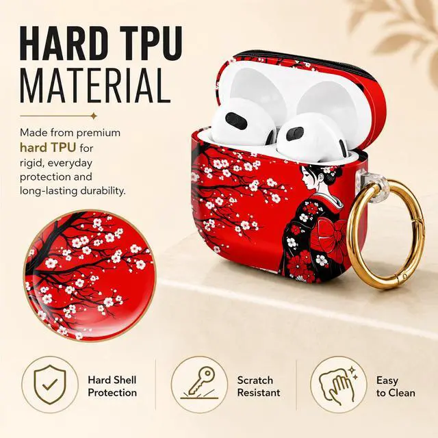 Alt view image 2 of 6 - Hard Case Compatible with AirPod 4 2024, Shockproof Protective Cover for Airpod 4th Generation with Gold Ring Keychain, Cute Aesthetic Design for Women(Red Cherry Blossom Kimono)