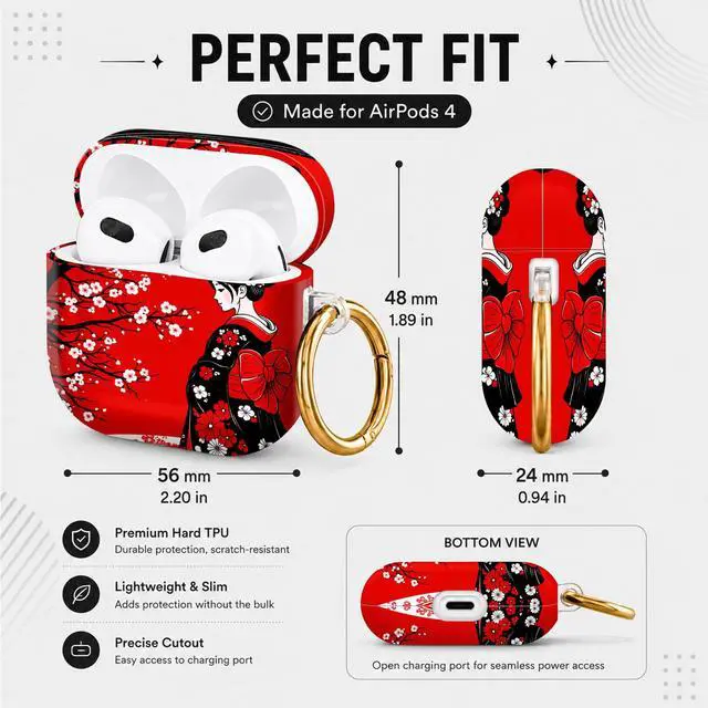 Alt view image 3 of 6 - Hard Case Compatible with AirPod 4 2024, Shockproof Protective Cover for Airpod 4th Generation with Gold Ring Keychain, Cute Aesthetic Design for Women(Red Cherry Blossom Kimono)